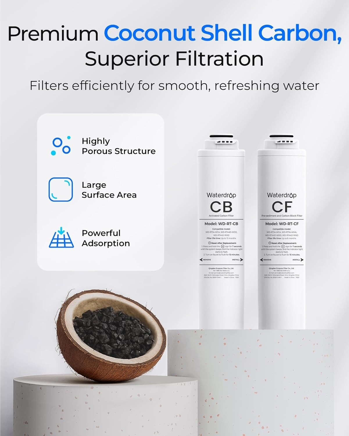 Waterdrop WD-T3-RC Replacement Filter 1-Year Combo, Pack of 2 CF and 1 CB Filter