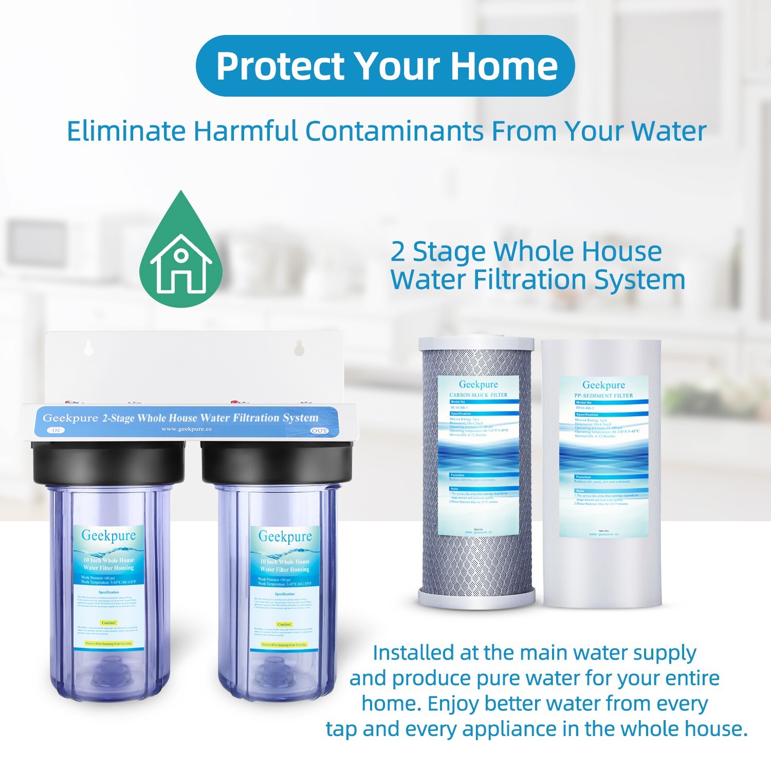 Geekpure 2 Stage Whole House Water Filter System-1″ NPT 4.5″ x 10″ – PP Carbon