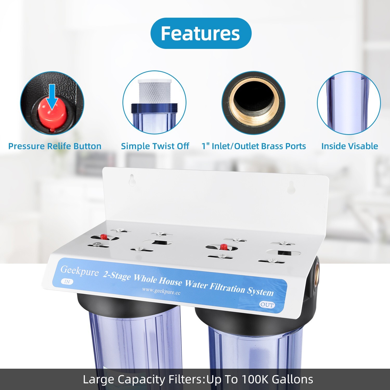 Geekpure 2 Stage Whole House Water Filter System-1″ NPT 4.5″ x 10″ – PP Carbon
