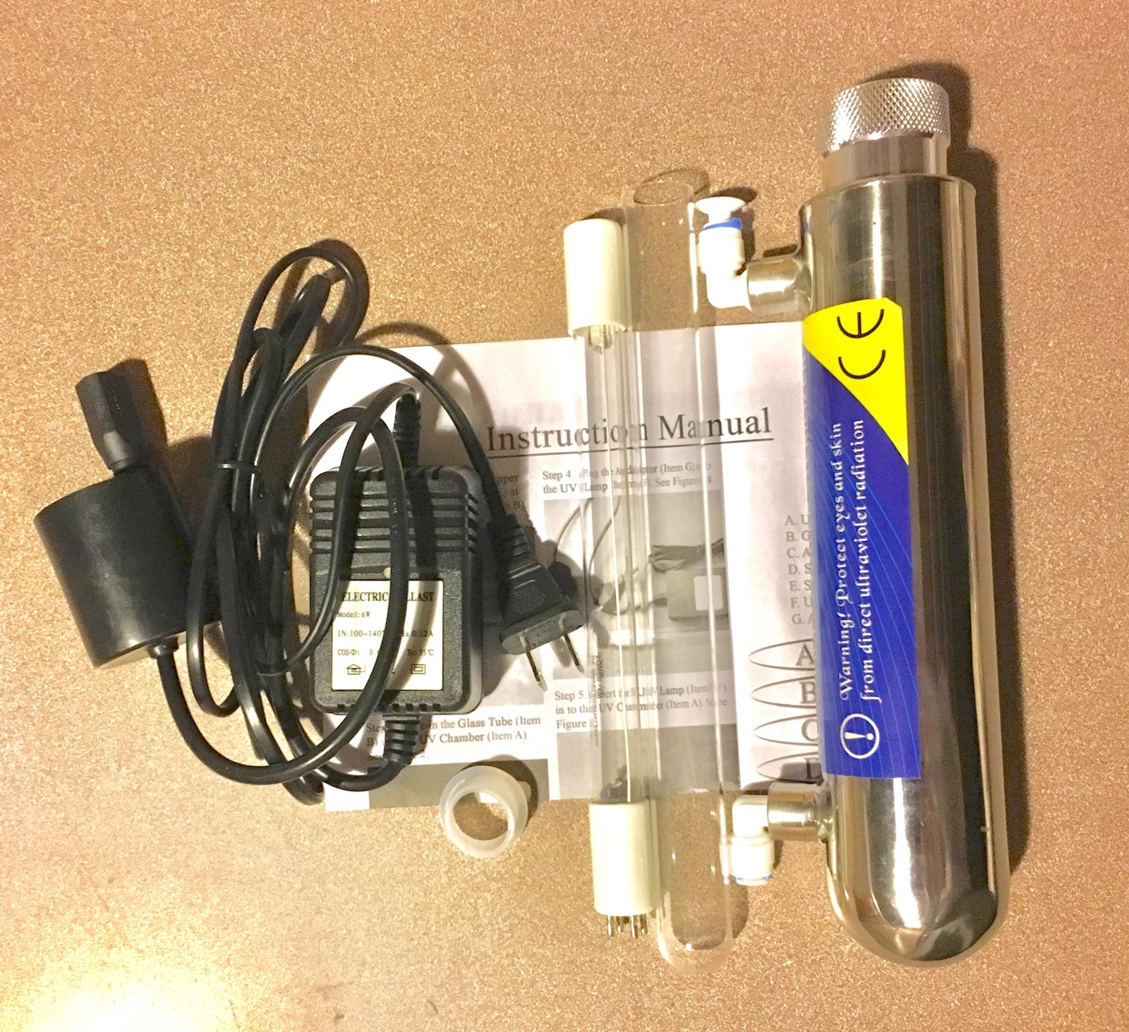 Ultraviolet UV Light Water Filter 6W Stainless Steel Chamber w 1/4″ Fittings