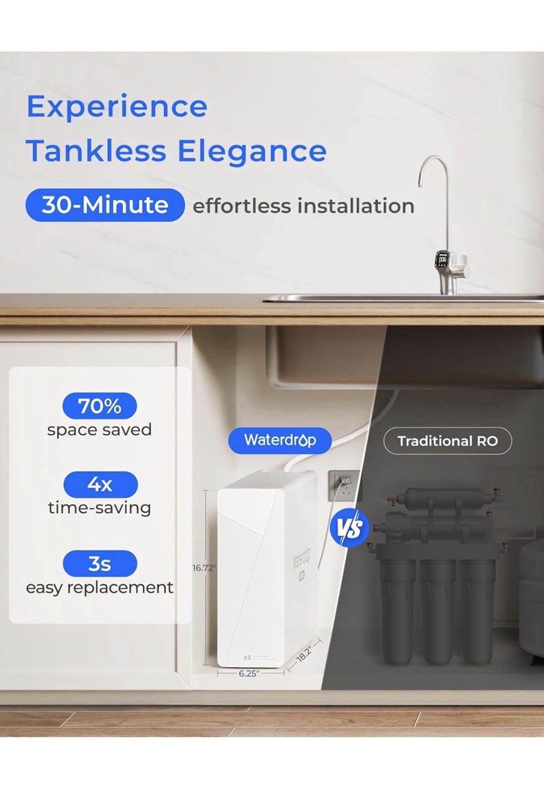 Waterdrop X8-Alkaline Mineral pH+ Reverse Osmosis System, 10-Stage Filtration