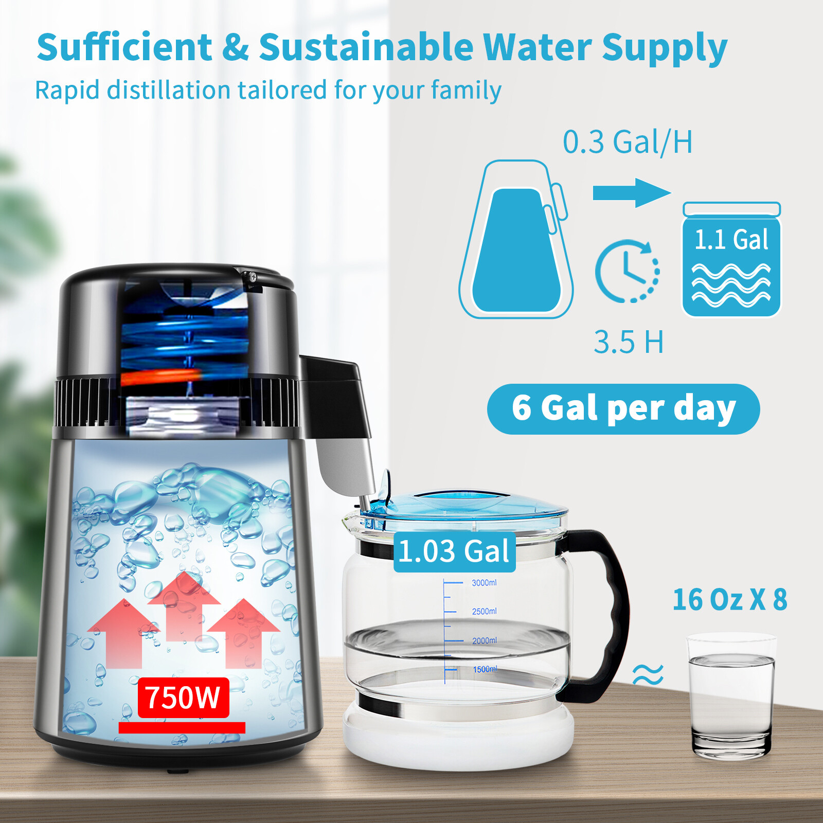 4L Water Distiller Distilled Water Maker Filter 1 L/H w/ Timing Dual-Temp Silver