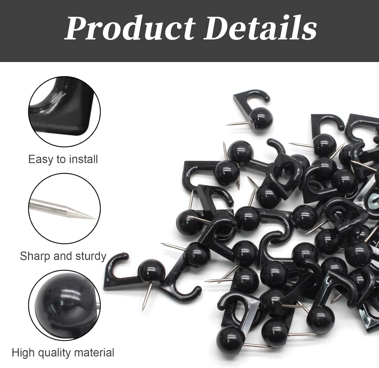 50 PCS Push Pin Hooks, Plastic Head Thumb Tacks, Black Wall Push Pins for Hangin