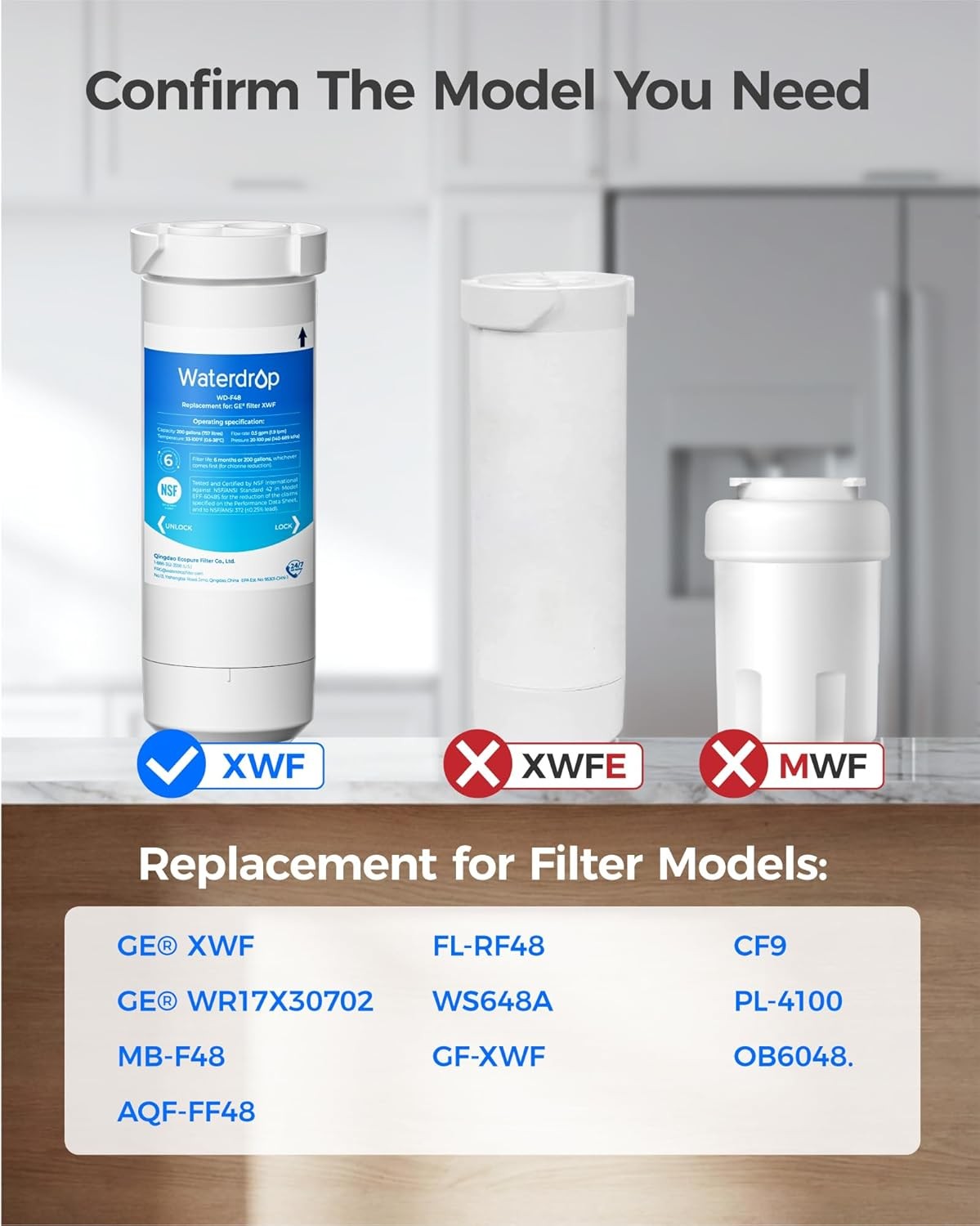 Waterdrop XWF Replacement For GE® XWF Refrigerator Water Filter, Pack of 6