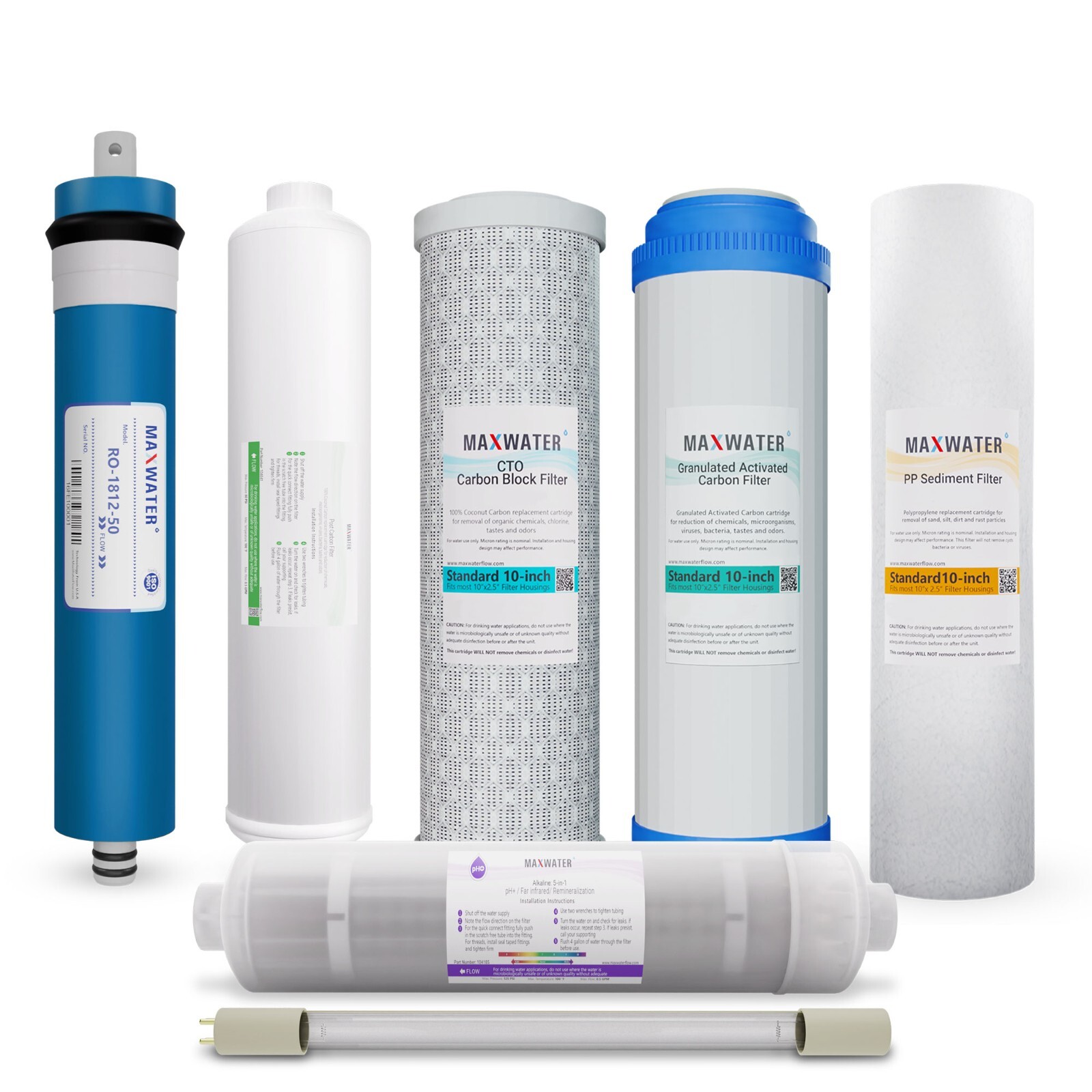 11 Stage RO System replacement Filter Set 5 in1 Alkaline UV 4 Pins Bulb + 50 GPD