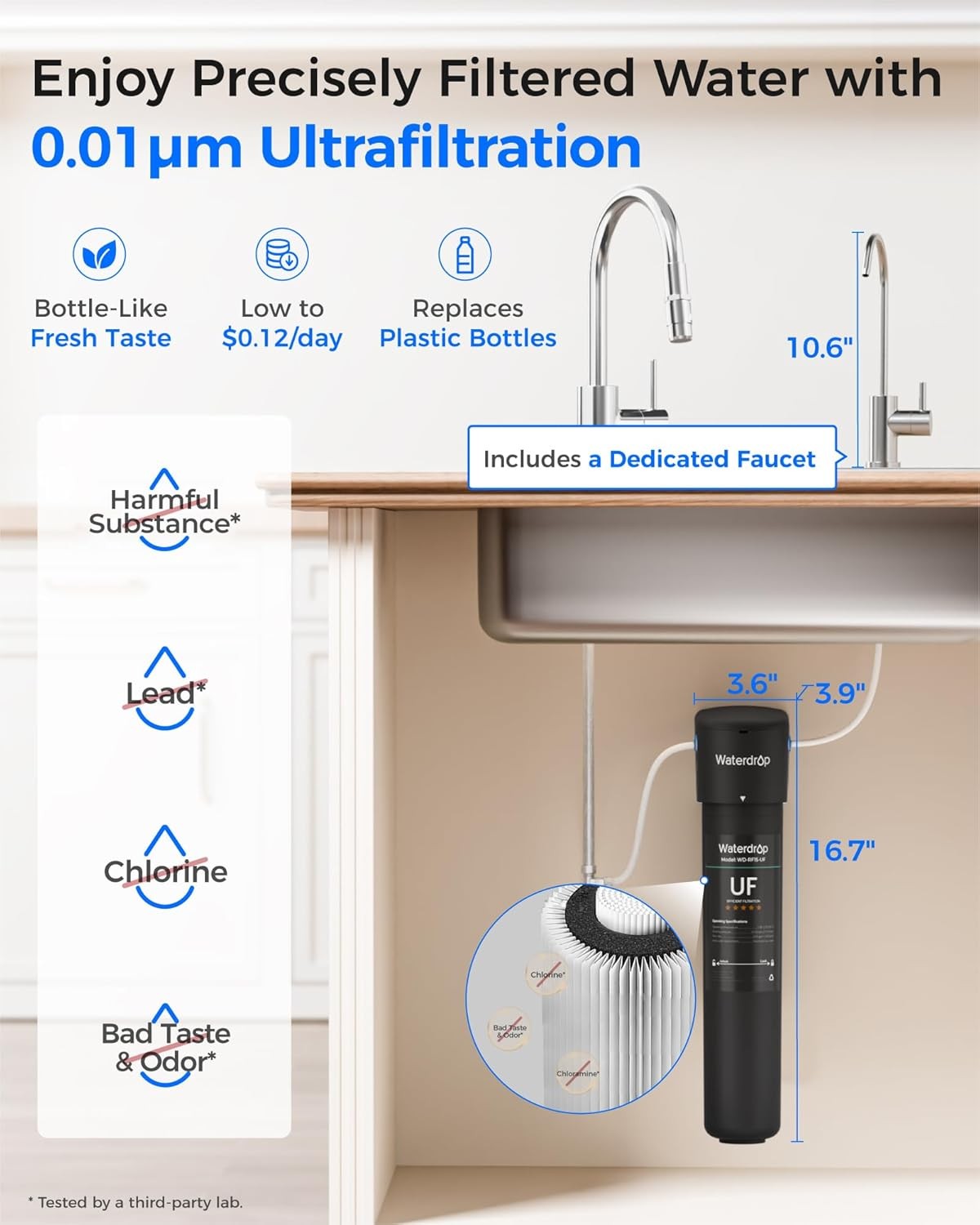 Waterdrop 15UB-UF Under Sink Water Filter System with Dedicated Faucet, 16K Gal