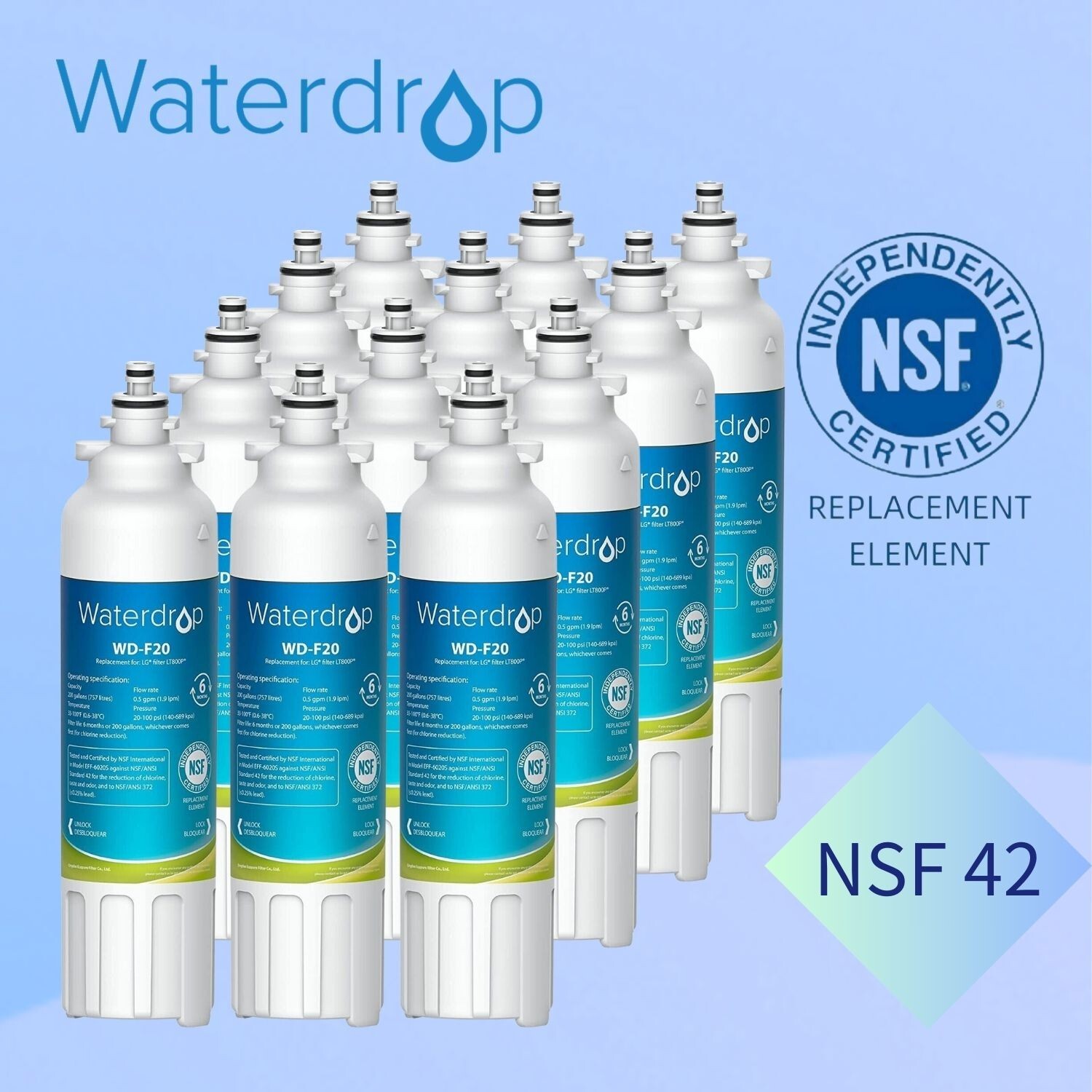 Waterdrop Refrigerator Water Filter, Replacement for LG® LT800P®, Pack of 12