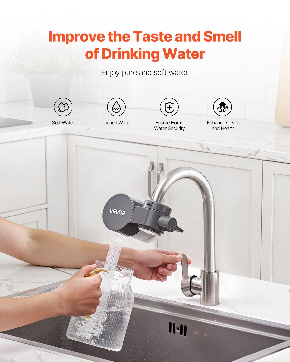 Water Filter for Faucet – Gray Horizontal Purifier, Removes Contaminants