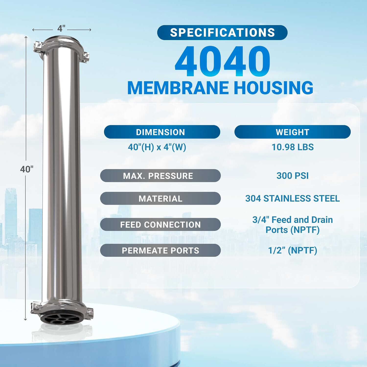 Reverse Osmosis 304 Stainless Steel Pressure Vessel 4″x40″ Membrane Housing