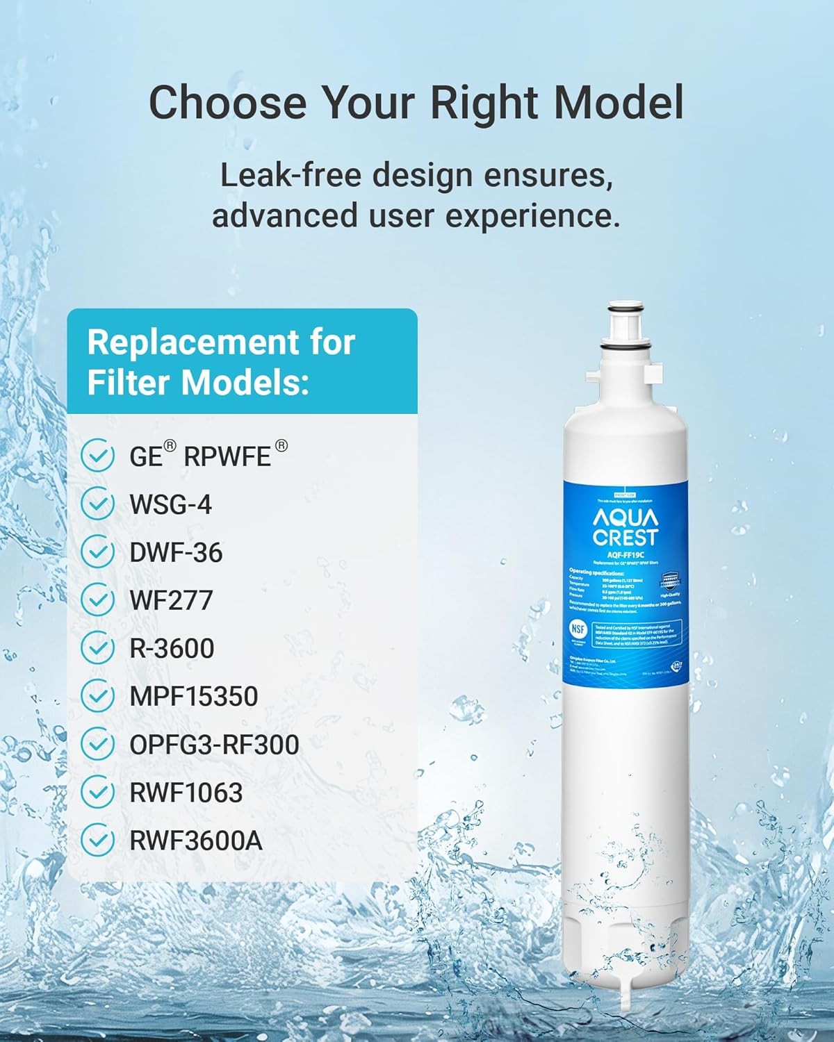 AQUA CREST FF19C Refrigerator Water Filter Replacement for GE® RPWFE, RPWF (2)