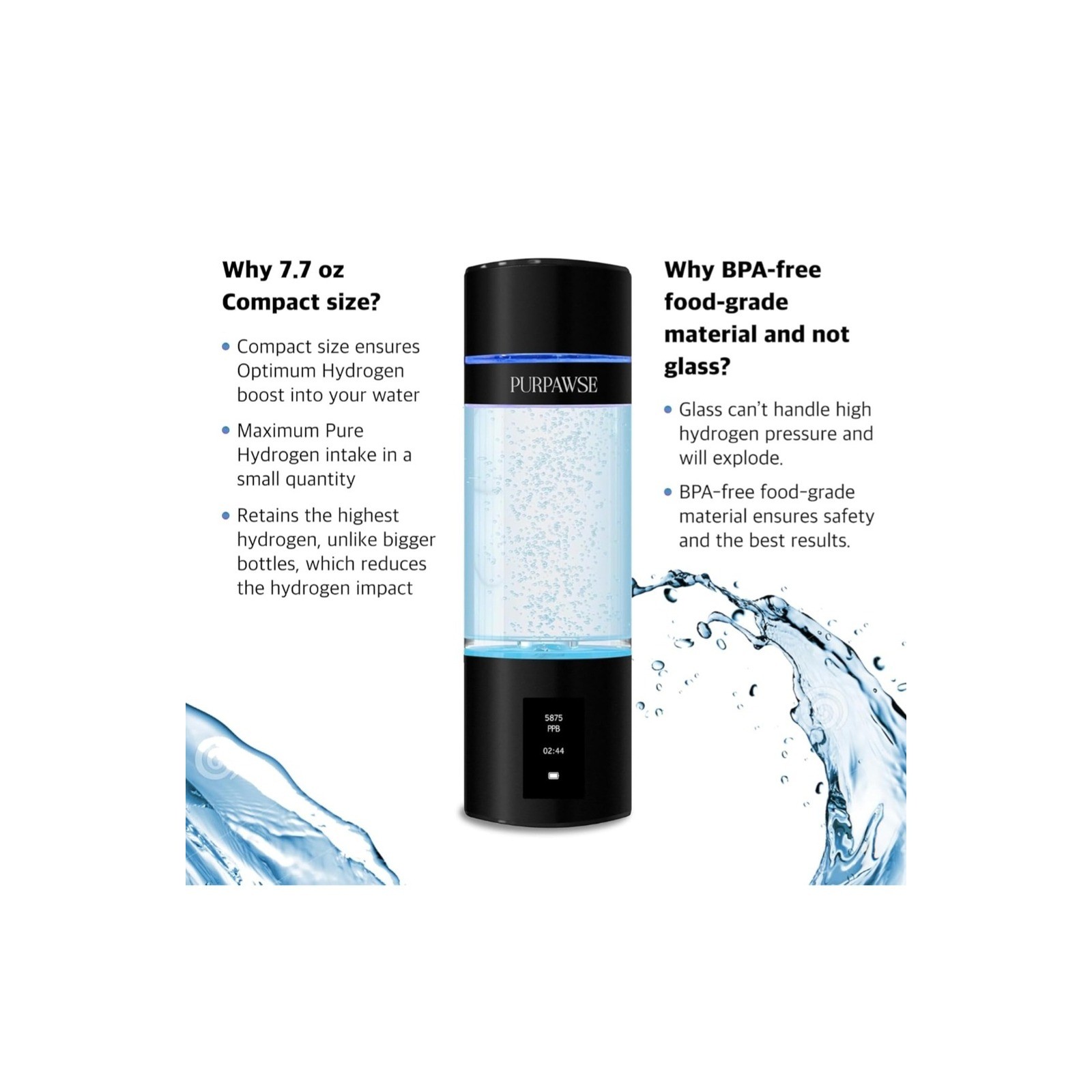 Purpawse Premium Hydrogen Water Bottle 6000 PPB SPE PEM UV Light 7.7oz Sealed