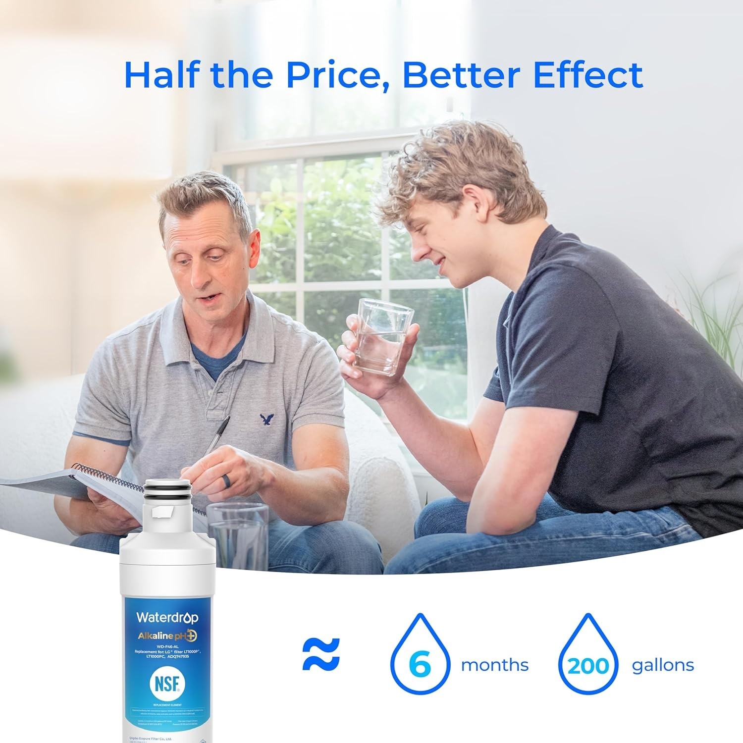 Waterdrop Alkaline Refrigerator Water Filters Replacement for LG® LT1000P®, (2)