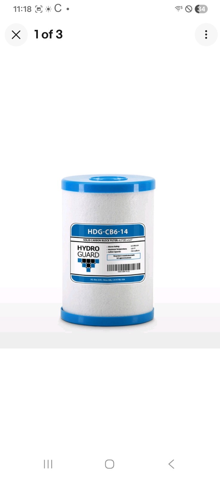 Hydro Guard HDG-CB6-14 CB6 Carbon Block Water Filter Replacement Cartridge