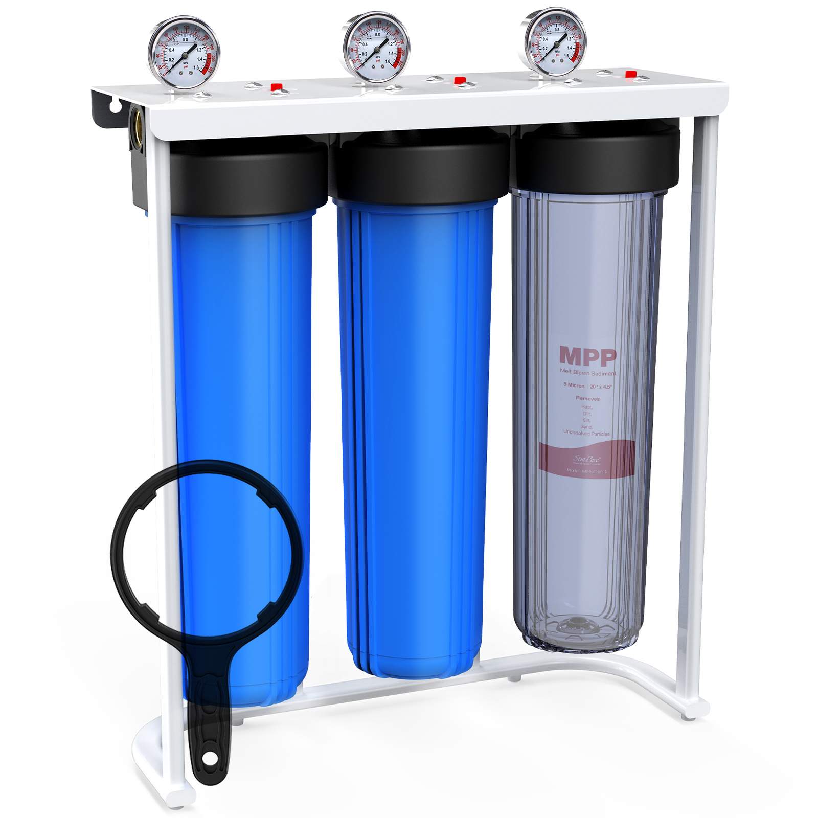 3-Stage Whole House Water Filtration System 20×4.5″ Big Blue Housing 5μm Filters