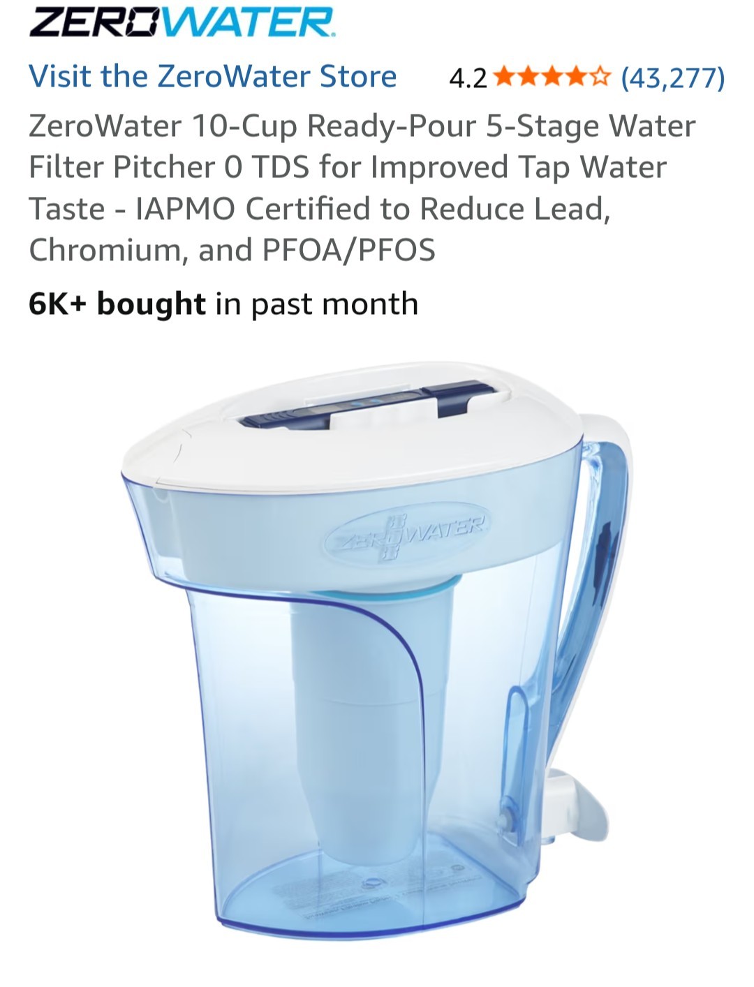 ZERO Water Filtration Pitcher w/ TDS Tester, Clear Blue White, Handle, Pour