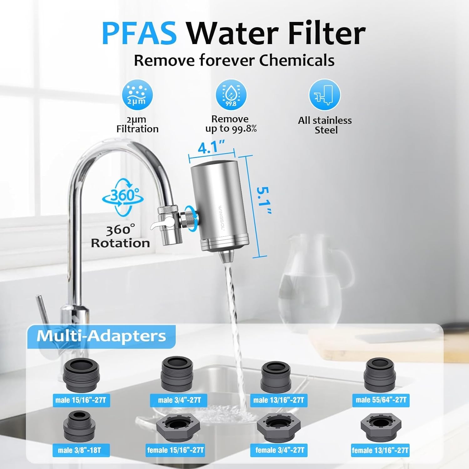 Stainless Steel Water Filter for Sink Faucet, NSF/ANSI 42, 360° Rotating Tap …