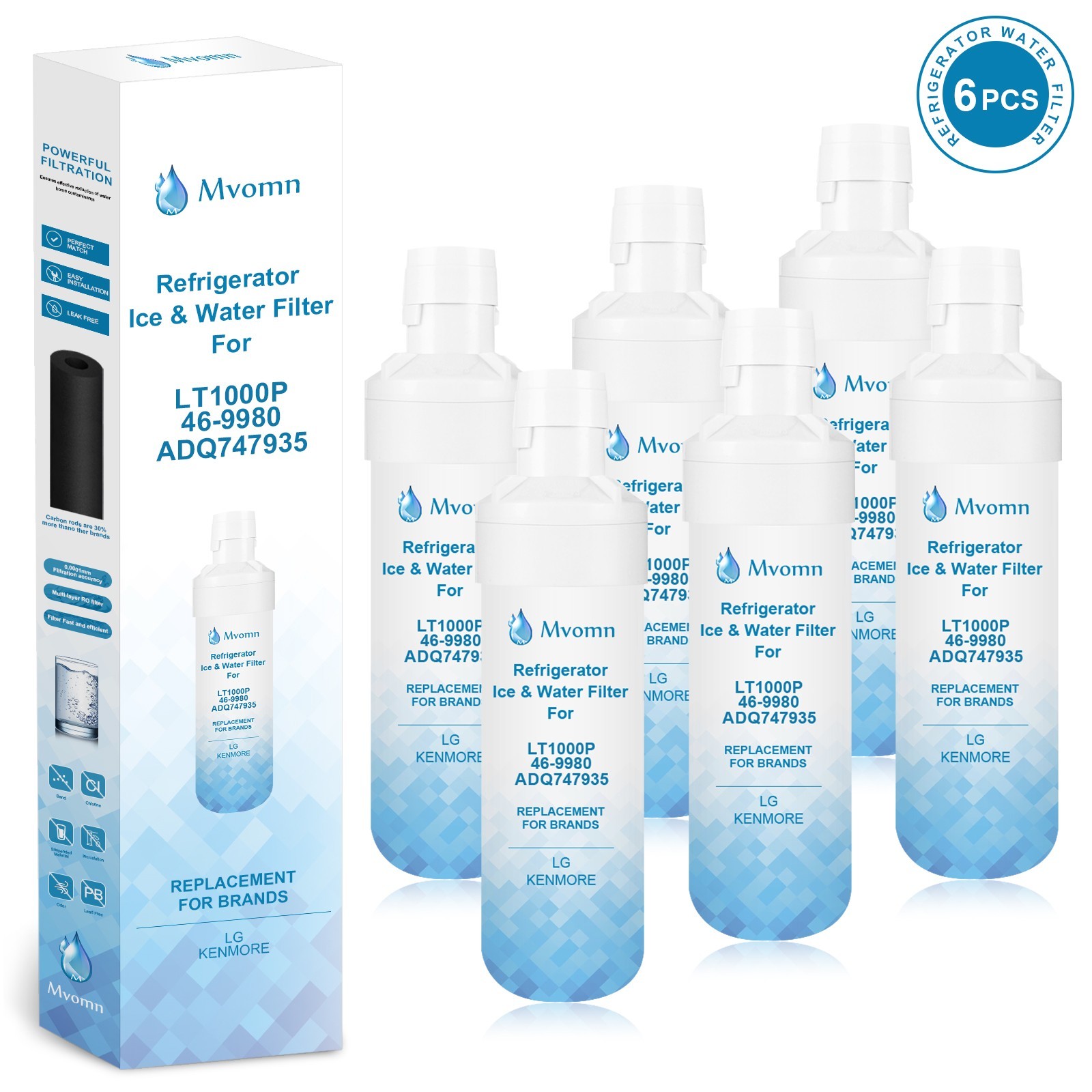 Mvomn Refrigerator Water Filter, Replacement for LG® LT1000P®, Pack of 6