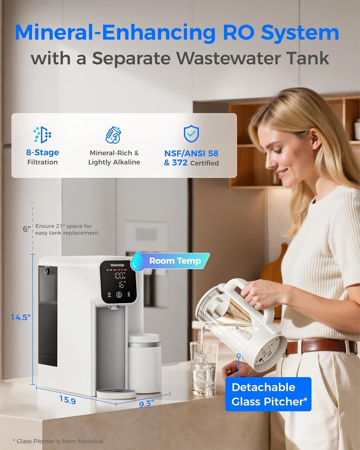 Waterdrop M6SL Mineral Reverse Osmosis System Countertop Water Filter, 8-Stage