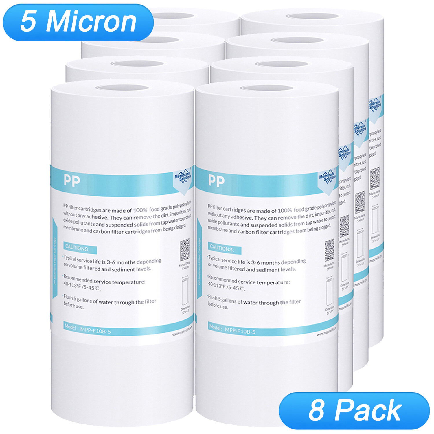 8 Pack 5 Micron 10×4.5″ Sediment Water Filter Whole House Cartridges Replacement