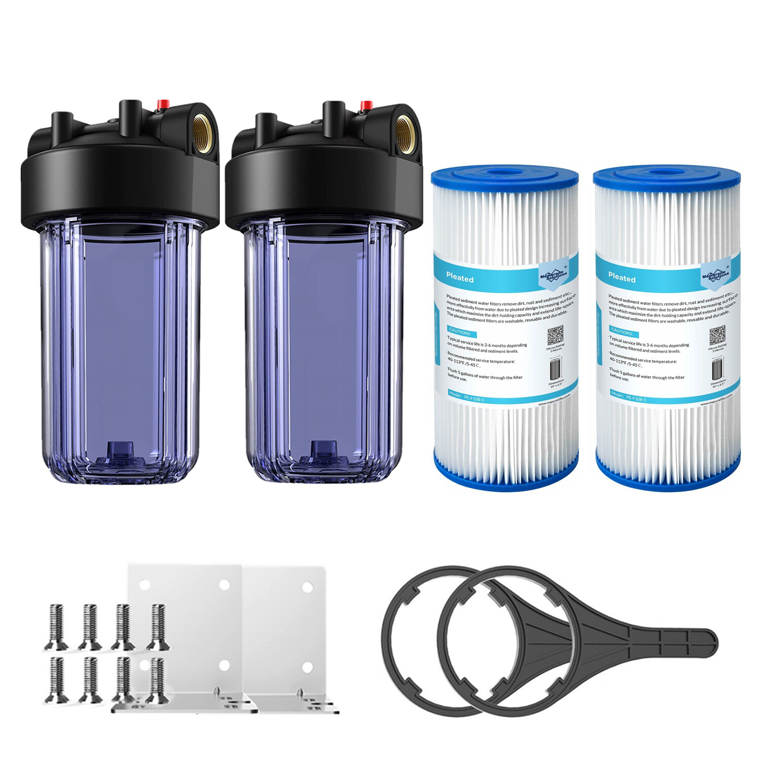 2Pack 10 Inch Clear Whole House Water Filter Housing Pleated Sediment Filtration