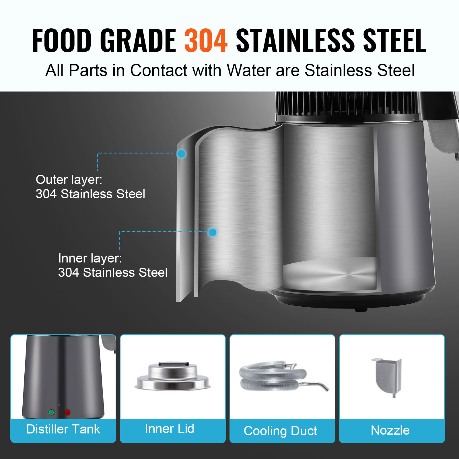 VEVOR Water Distiller 4L Water Purifier Countertop Stainless Steel Interior 750W
