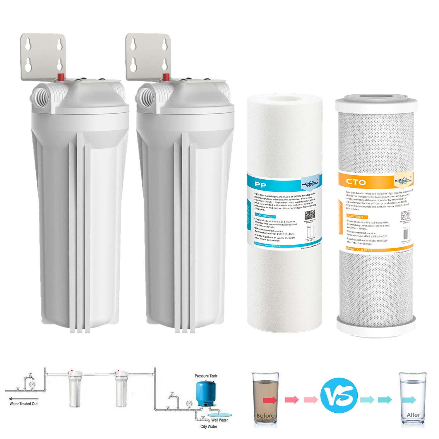 2-Stage 10 Inch Whole House Water Filter Housing System 10″x2.5″ Sediment Carbon
