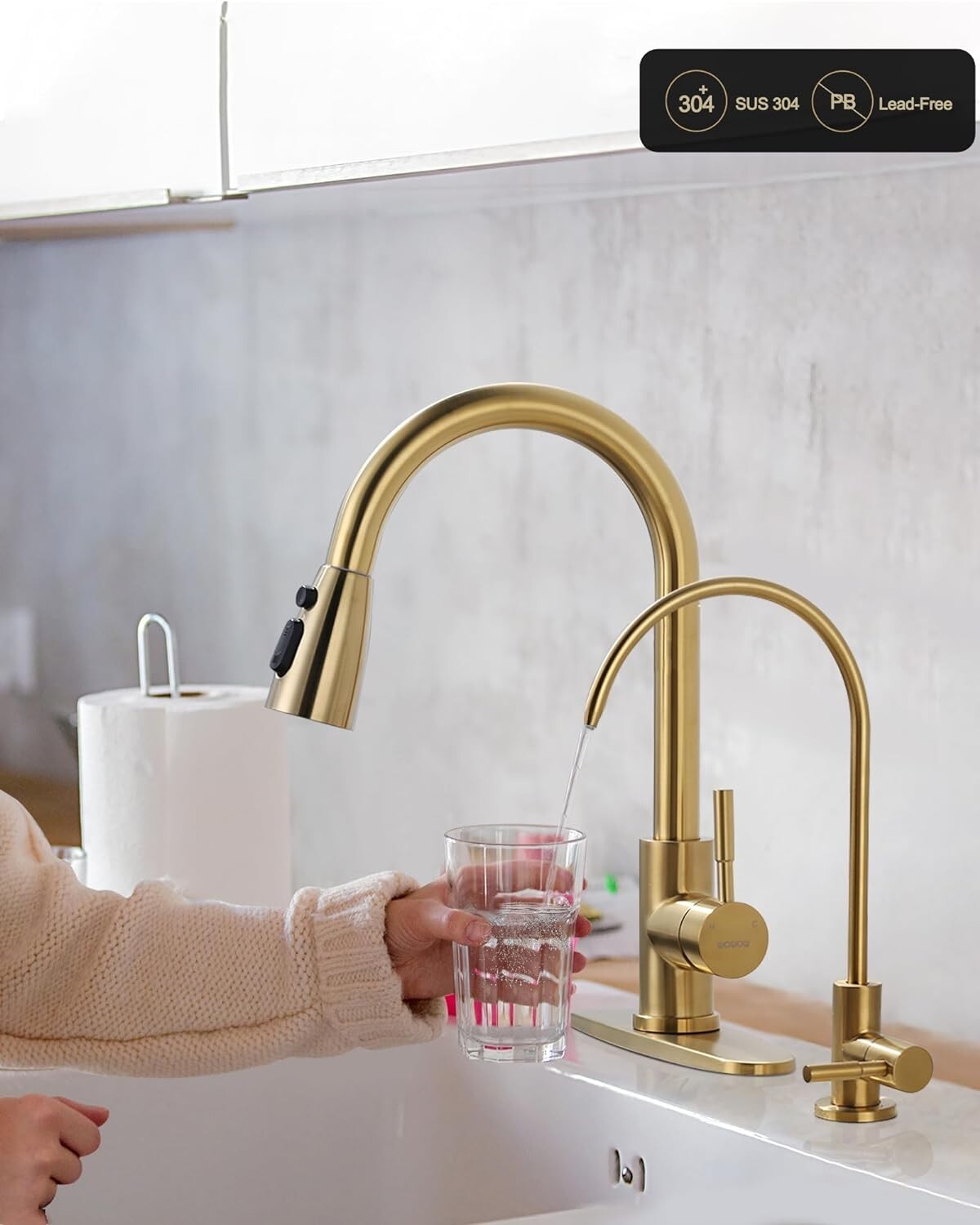 Premium Stainless Steel Kitchen Faucet with Drinking Water Faucet – Brushed Gold