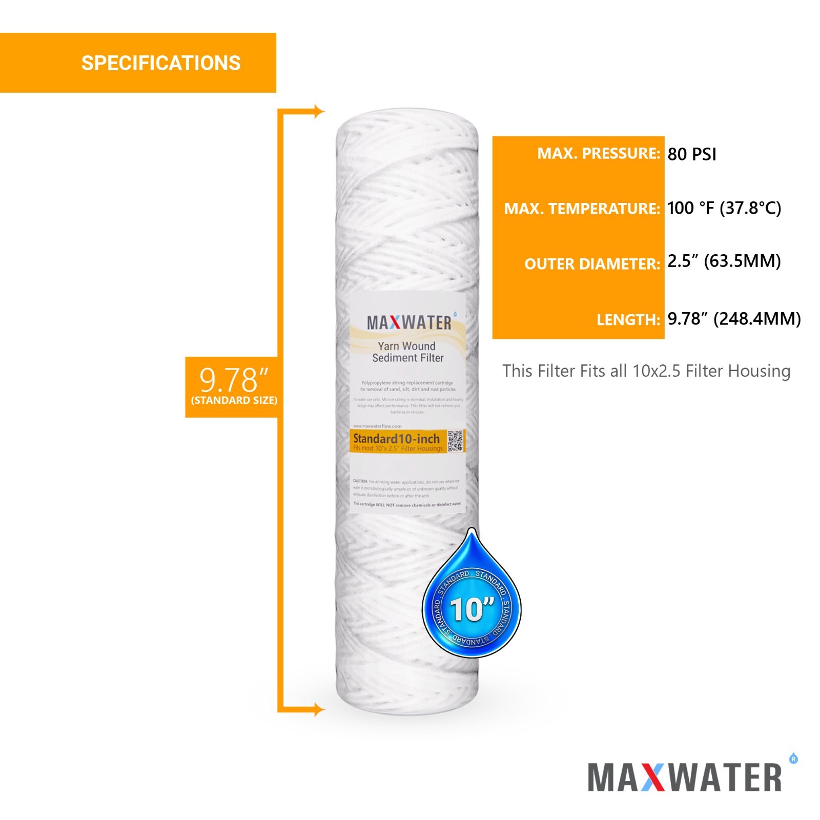 String Wound Sediment Water Filter Cartridge Standard 2.5″ x10″ 5 Micron 50 Pack