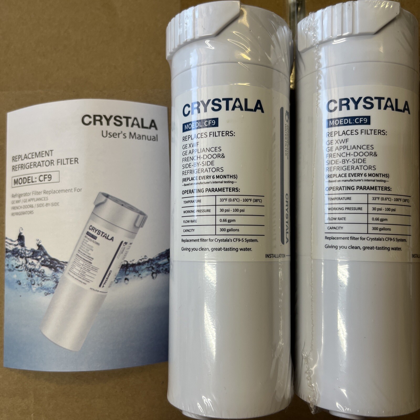 2 Pack Crystala Premium Refrigerator Water Filters CF9 fits GE XWF French-Door