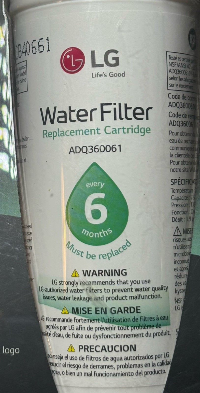 Genuine LG Water Filter Replacement Cartridge LT700P/PC/PCS New Damaged Package