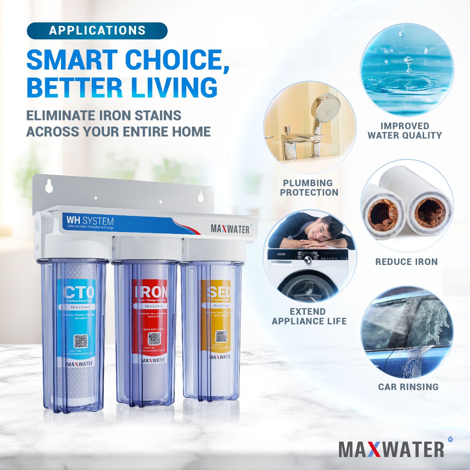 3 Stages 10″x 2.5″ 3/4″ Port Whole House Iron Manganese Max Water System Filter