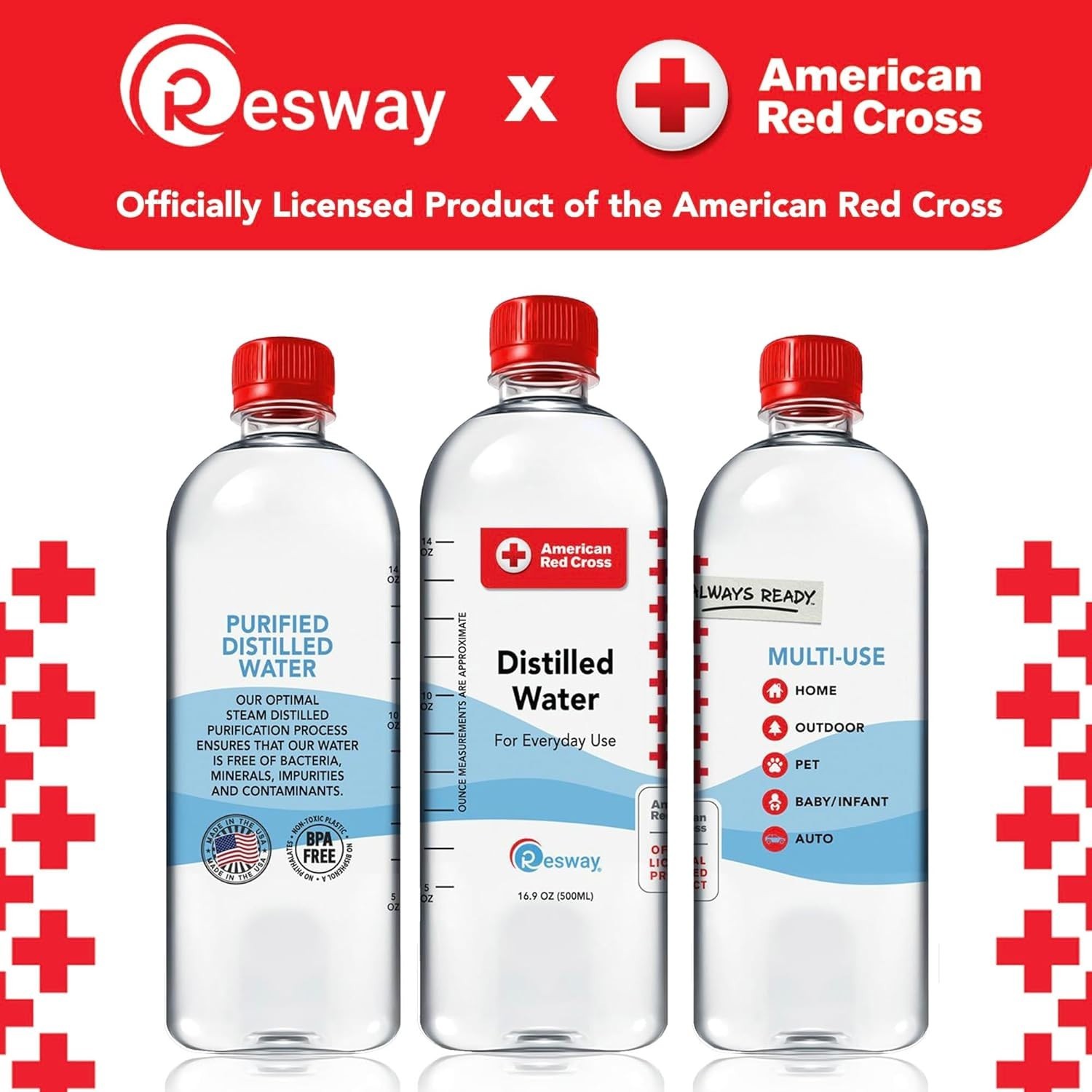 American Red Cross 16.9 fl.oz Bottled Distilled Water – Eco-Friendly Pack of 24