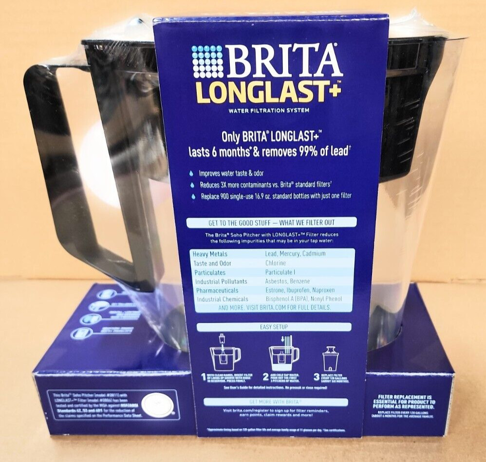 Brita Soho 6-Cup Black Water Filter Pitcher with Longlast+ Filter Reduces Lead