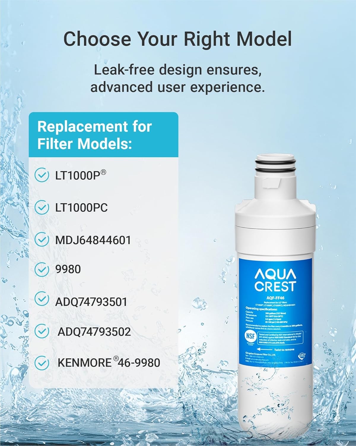 AQUA CREST ADQ747935 Refrigerator Water Filter Replacement for LG® LT1000P®（3）