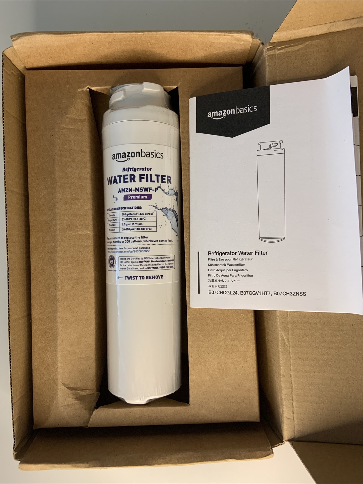 Amazon Basics Refrigerator Water Filter AMZN-MSWF-P Premium Sealed New in Box