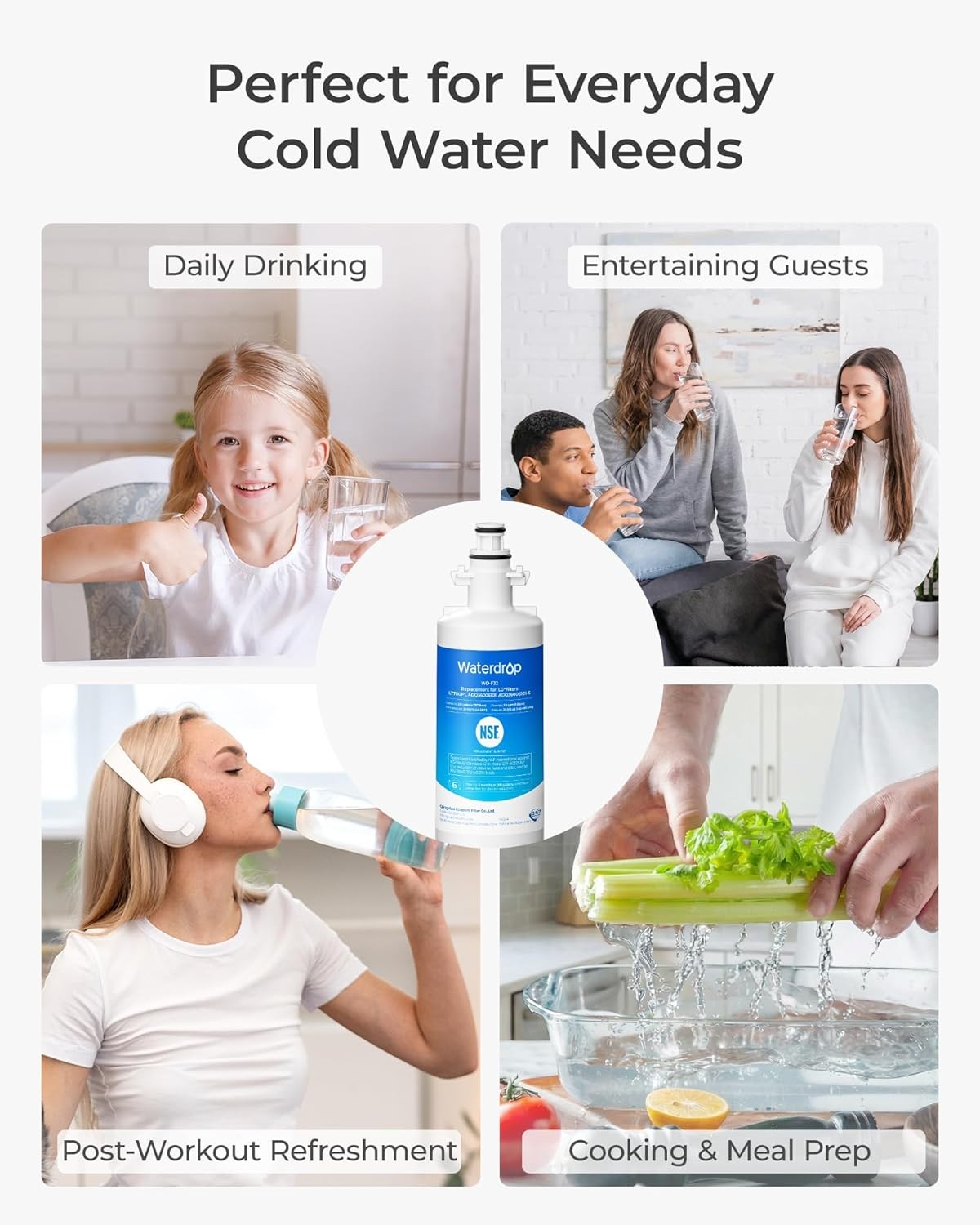 Waterdrop Refrigerator Water Filter, Replacement for LG® LT700P®, Pack of 4