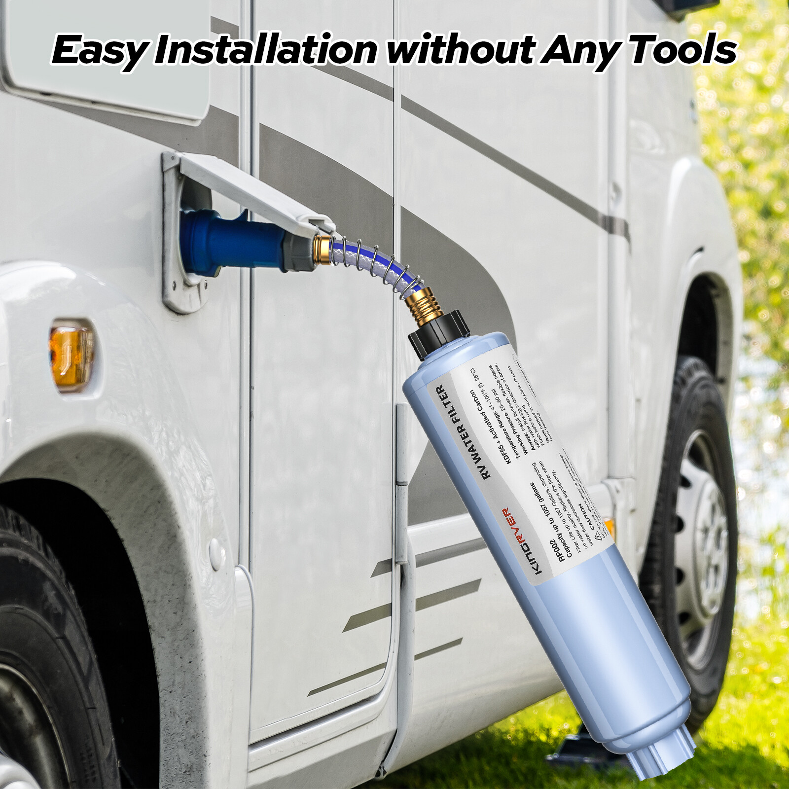 RV Water Filter w/ Flexible Hose Protector GAC & KDF Filtration for Fresh Drink