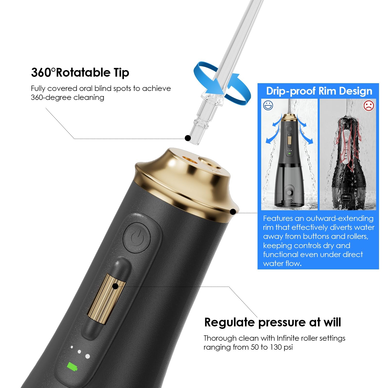 Hooyapik 300ML Long-Lasting Battery Life Water Flosser 300ML, Black&gold