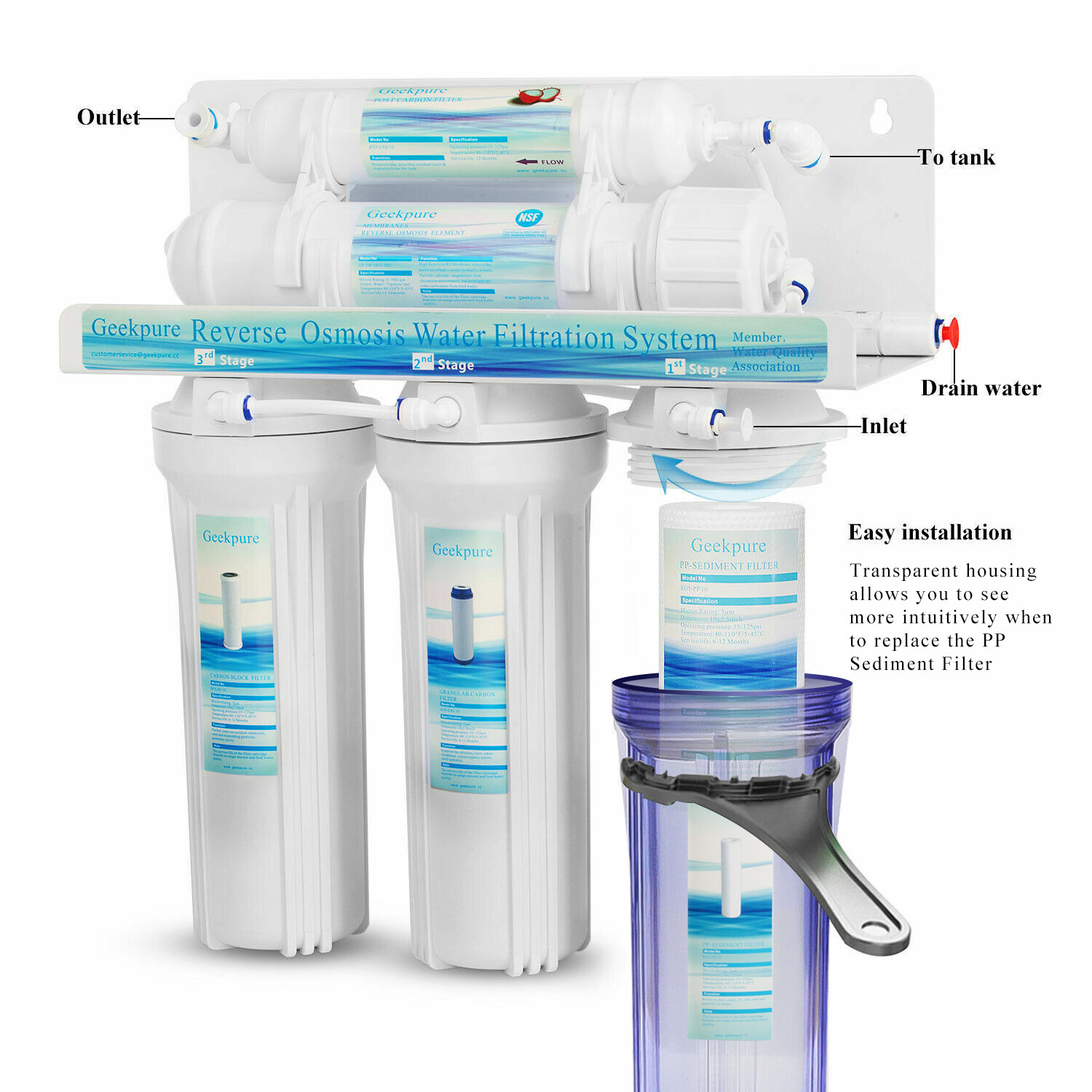 Geekpure 5 Stage Under Sink Reverse Osmosis Drinking Water Filter System 75 GPD