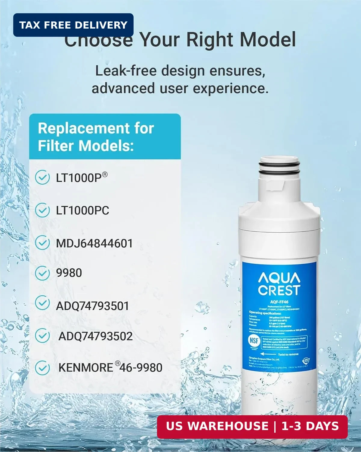 AQUA CREST LT1000PC ADQ747935 Replacement for LG® LT1000P®/PC/PCS ThinQ® Refrige