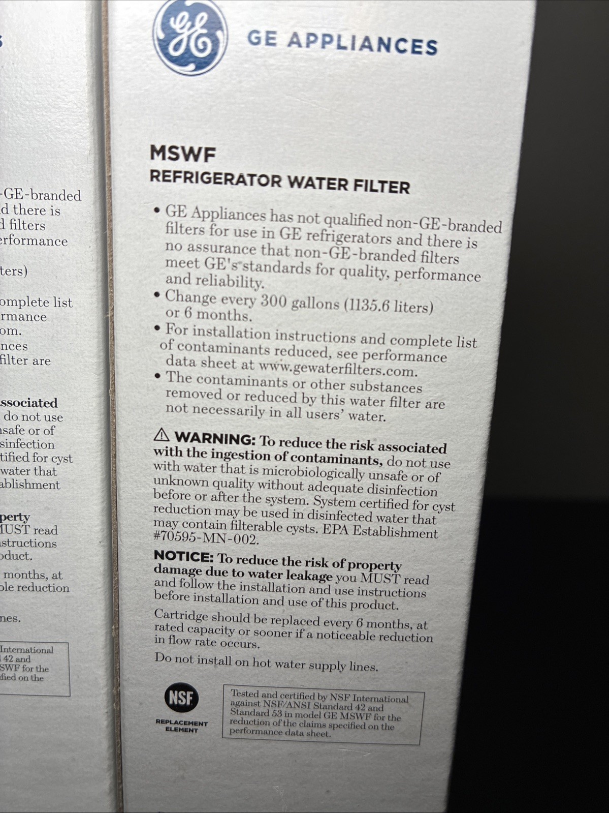 GE MSWF refrigerator water filter replacement SmartWater filter 2PACK (NEW)