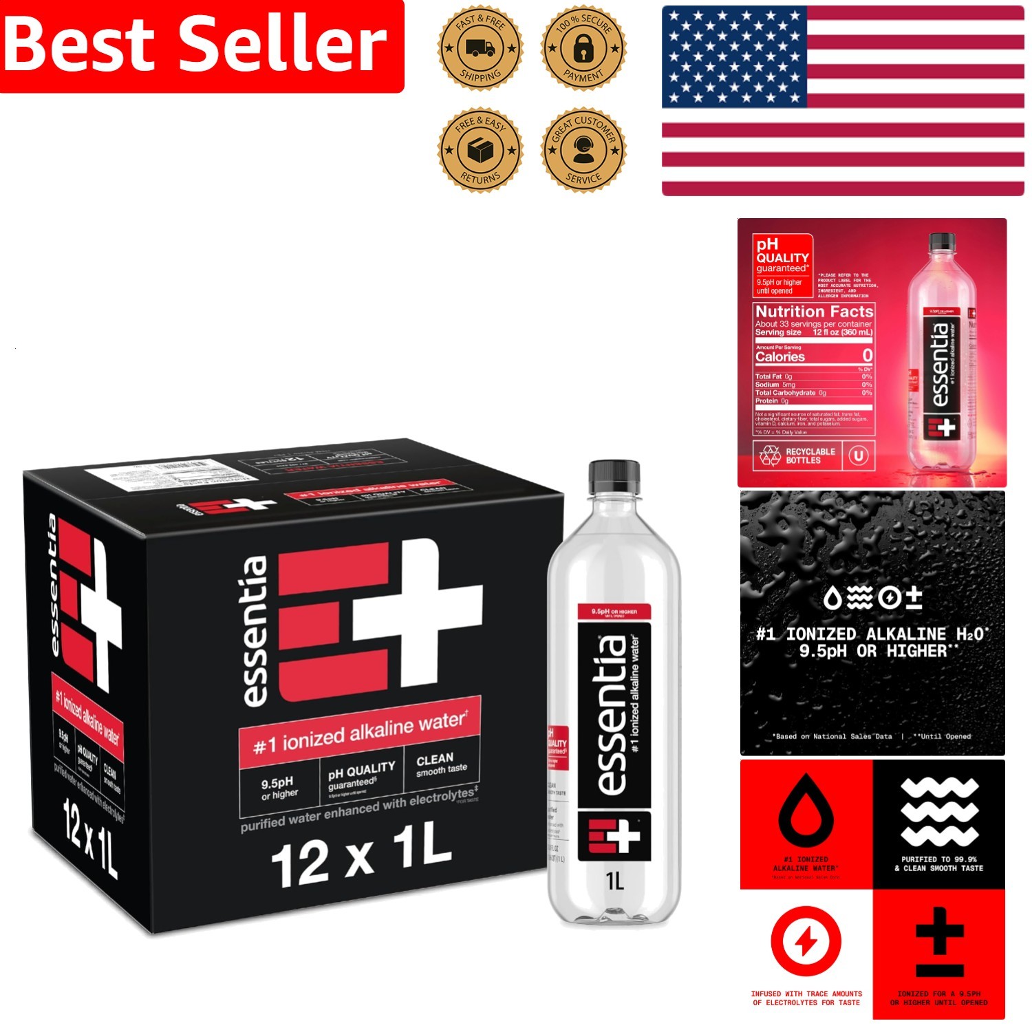 Essentia Ionized Alkaline Water 9.5 pH 99.9% Pure 12 Bottle Pack BPA Free