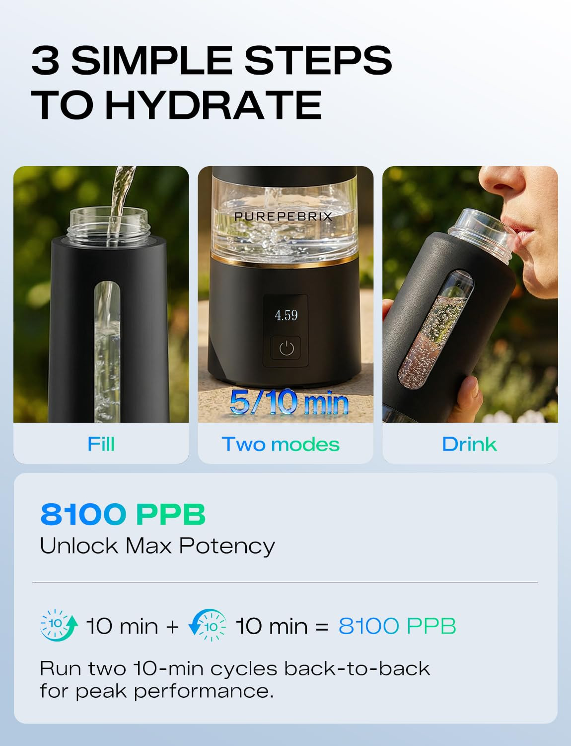 Hydrogen Water Bottle Generator-Up to 8100 PPB Molecular Hydrogen, 12-Hour Hydro