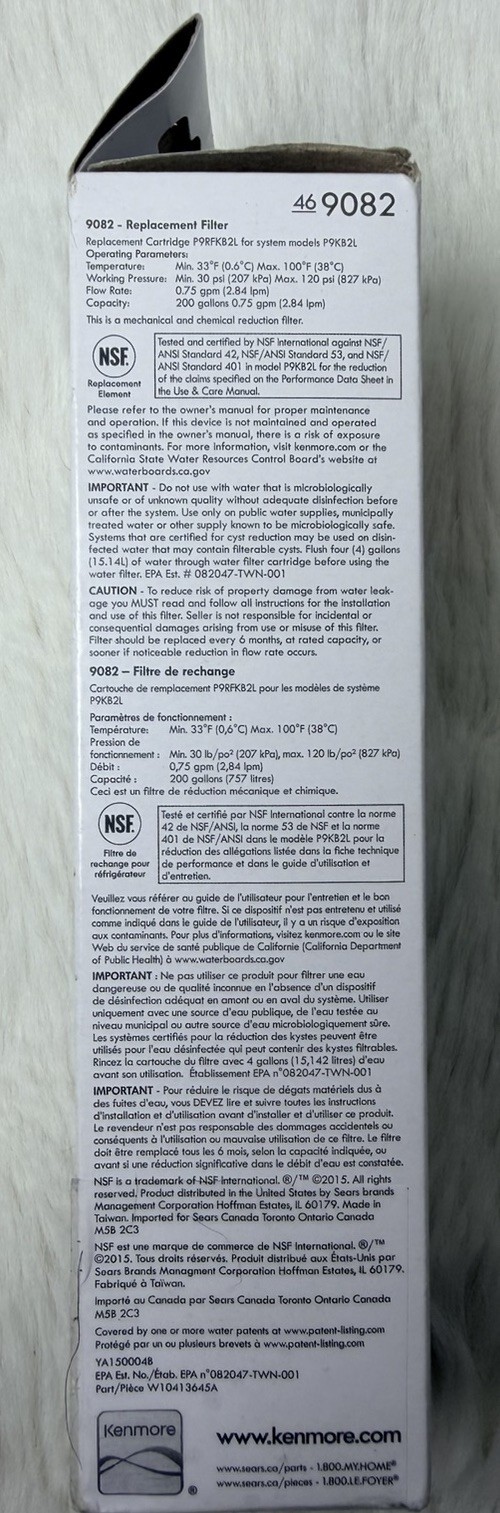 Kenmore Replacement Refrigerator Filter 469082 New Open Box Genuine
