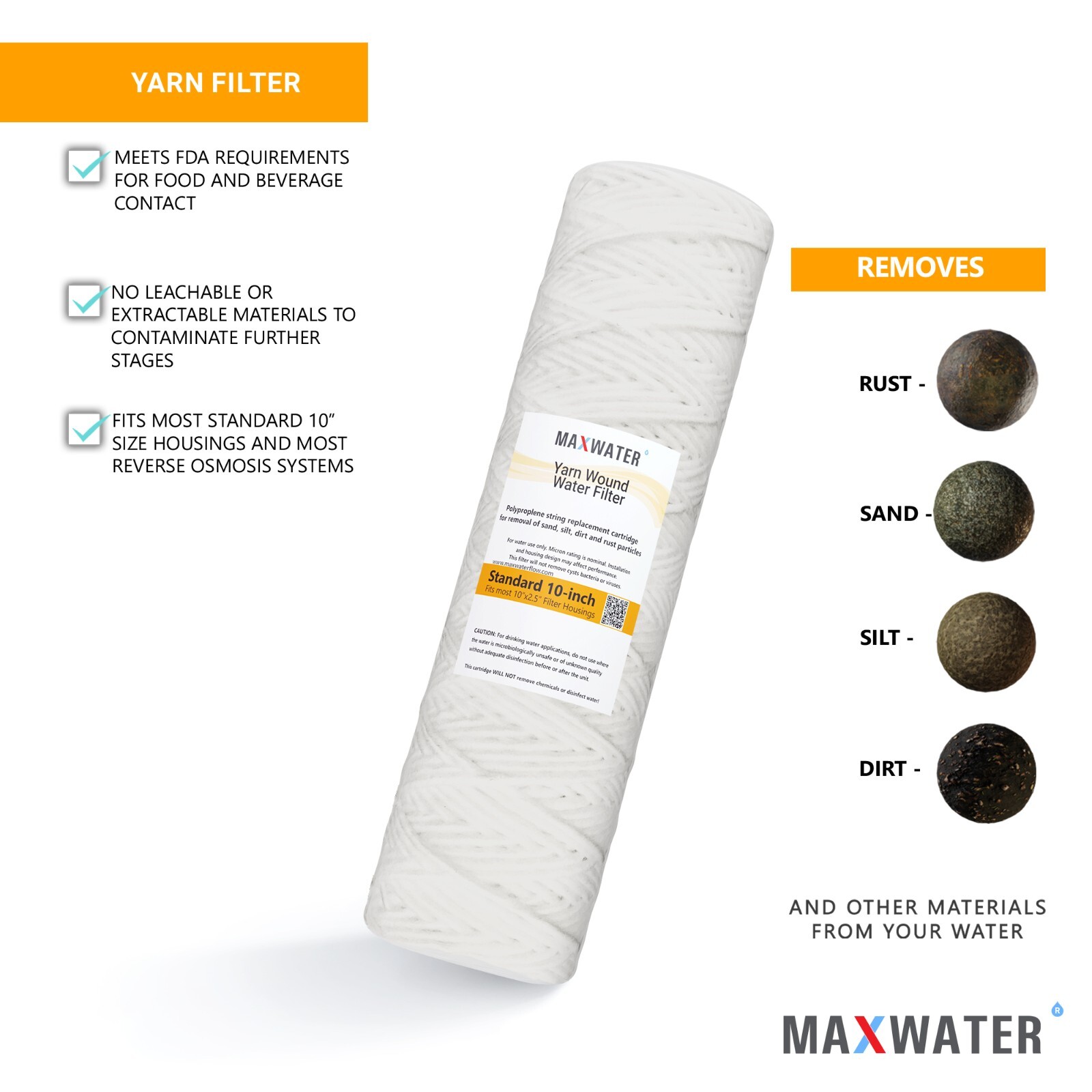 String Wound Sediment Water Filter Cartridge Standard 2.5″ x10″ 5 Micron 50 Pack