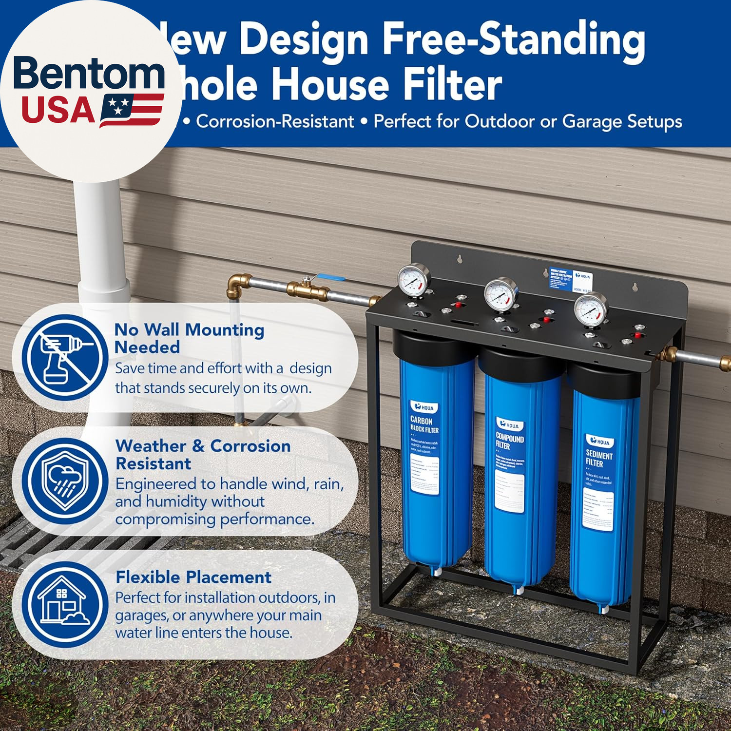 WF3-02 3-Stage Free-Standing Whole House Water Filtration System, Reduces Heavy