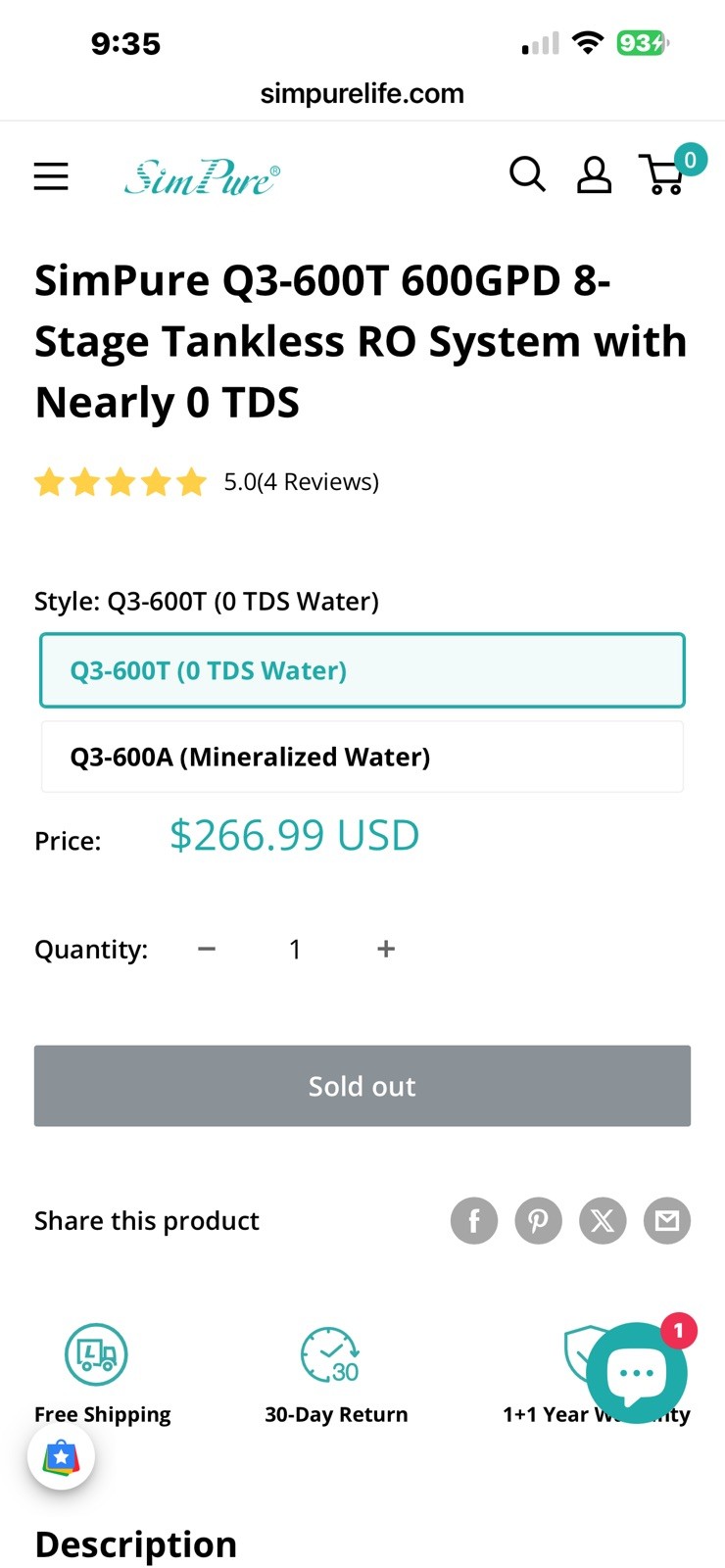 New. SimPure Q3-600T 600GPD 8-Stage Tankless RO System