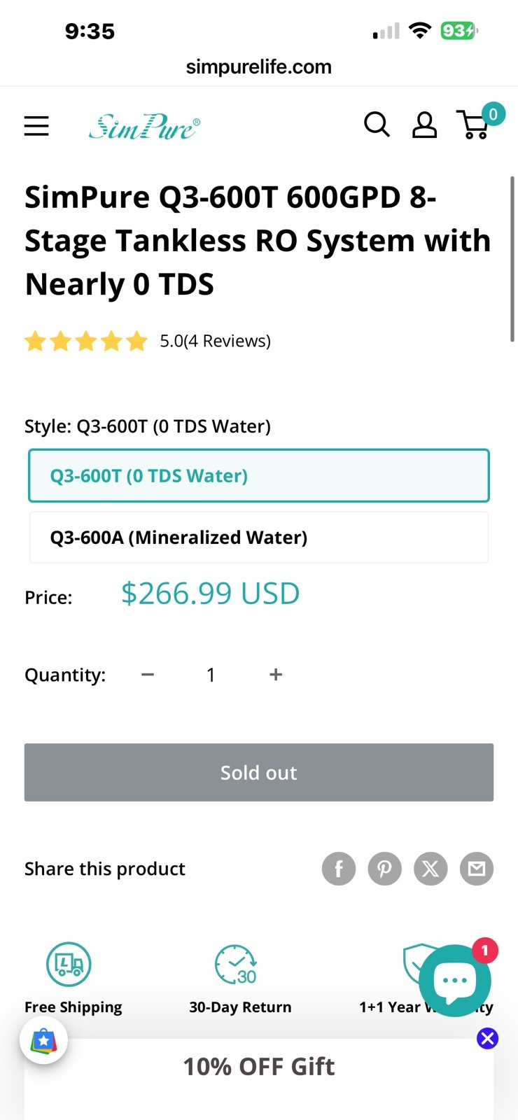 New. SimPure Q3-600T 600GPD 8-Stage Tankless RO System