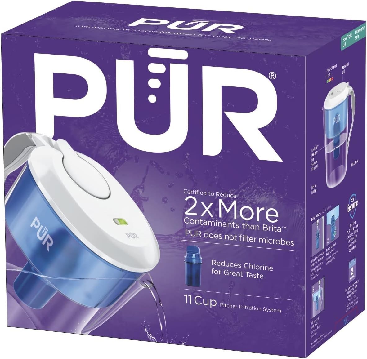 PUR 11 Cup Water Filter Pitcher Blue White NSF Certified 2 in 1 Filtration New