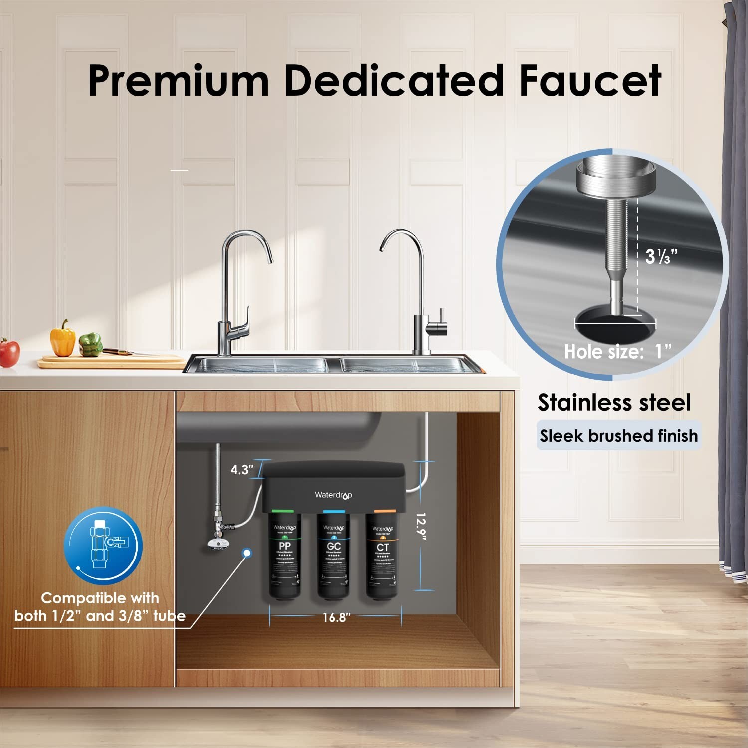 Waterdrop TSB 3-Stage High Capacity Under Sink Water Filter, Reduces PFAS/PFOA